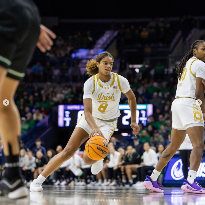 Notre Dame Fighting Irish player Cassandre “Cass” Prosper drives towards the basket to score against the Eastern Michigan Eagles on Dec. 15, 2024 in South Bend, Indiana at the Purcell Pavilion in Notre Dame. Final score 118 - 49 Photo courtesy of Fighting Irish Media
