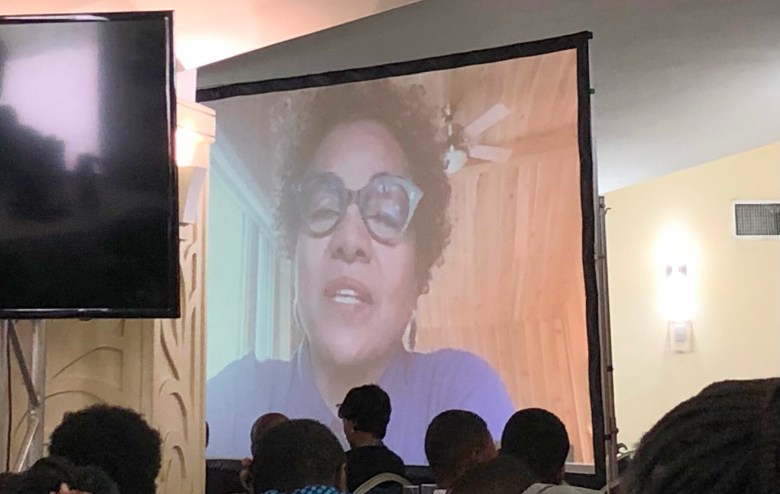 Former Governor of Canada, Michaëlle Jean, during her closing speech on video at the Patriotic Congress for National Rescue in Pétion-Ville on Friday, June 27, 2025. Photo by Juhakenson Blaise/The Haitian Times.