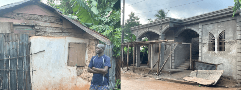 L-R: Kenny Anassy, a father of five in Bombardopolis, stands by his home—a small, dilapidated shack he rents for 5,000 gourdes, about $40 a year—on Thursday, October 30, 2025. He spoke about his hardships, the social and economic struggles of caring for his family. Photo by Fritznel D. Octave/The Haitian Times | The left side of a property under construction next to a ramshackle home, highlighting wealth disparities in Bombardopolis, seen across Haiti. Photo by Fritznel D. Octave/The Haitian Times 