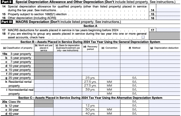 IRS Form 4562 parts 1 and 2 showing where you claim depreciation on home office assets