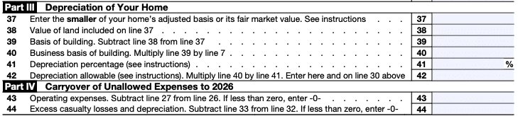An image showing Parts 3 and 4 of IRS Form 8829