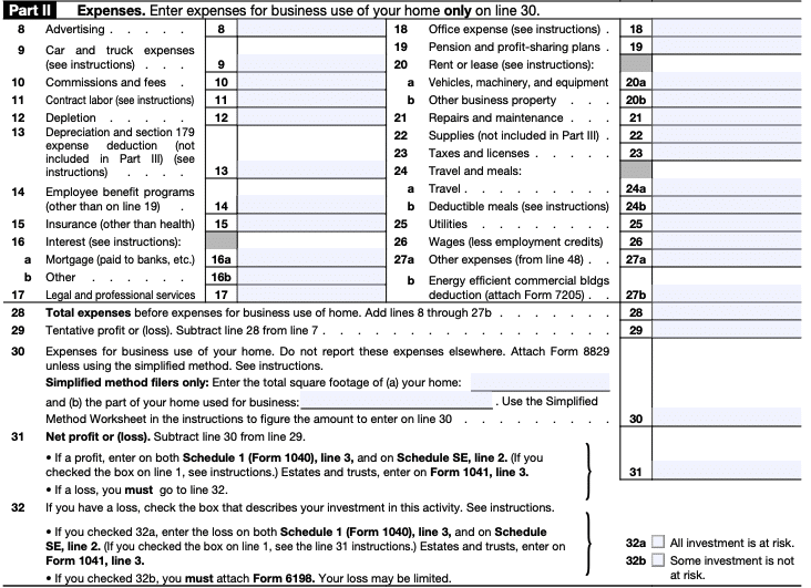 An image showing Part 2 of Schedule C (Form 1040) where you would enter home office expenses