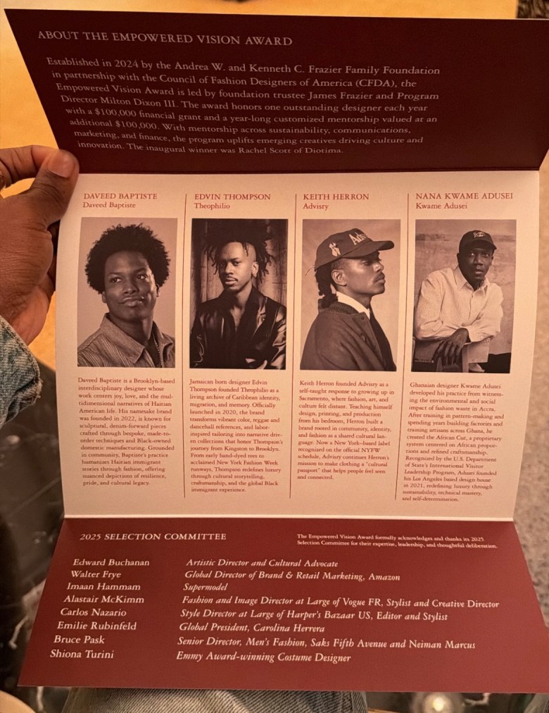 Daveed Baptiste, the event pamphlet, award judges during the CFDA 2025 Empowered Vision Award reception at the W Hotel Union Square in Manhattan on Thrusday, December 11, 2025. Photo: Courtesy of CFDA