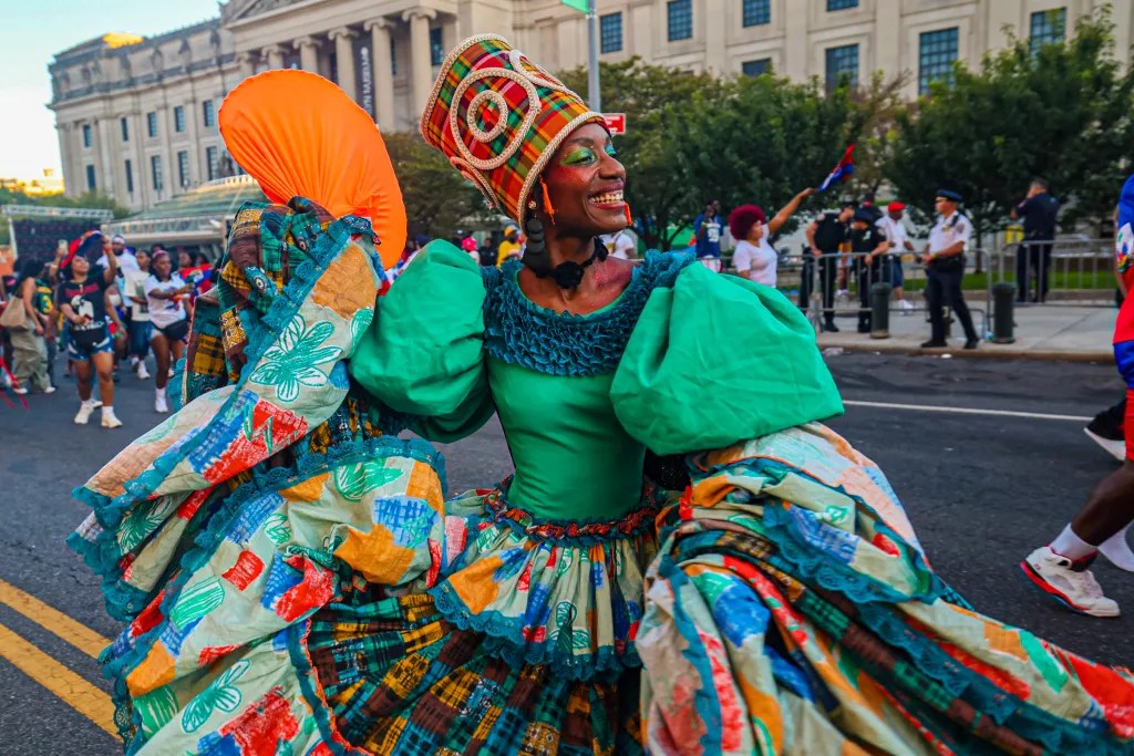 Dancers perform “The Spirit of Haiti” in costumes designed by Michel Chataigne to signify renewal during the New York Carnival parade along Eastern Parkway in Brooklyn on Monday, Sept. 1, 2025. Photo by Bill Farrington