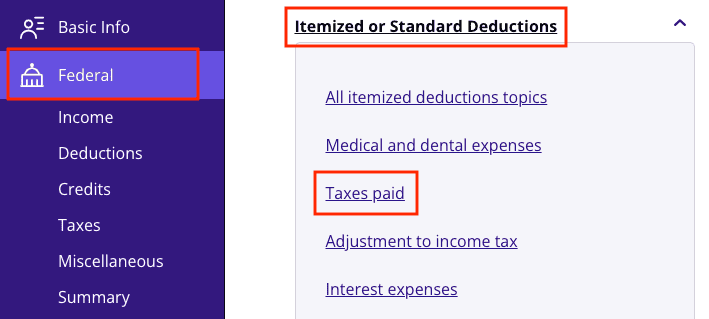 A screenshot showing where to report Form 1098 for real estate taxes paid in TaxAct