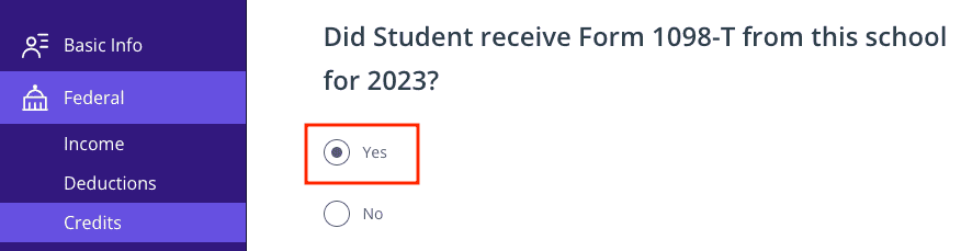 A screenshot showing where to indicate you received Form 1098-T in TaxAct