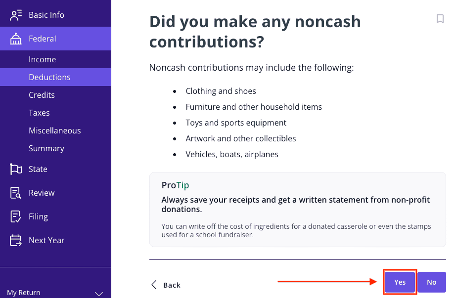 A screenshot showing how to report noncash contributions from Form 1098-C in TaxAct