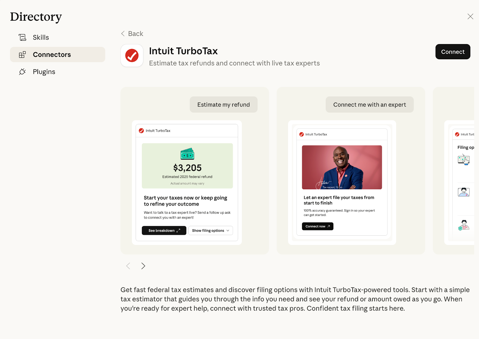 Screenshot of the TurboTax connector page in Claude.ai with the