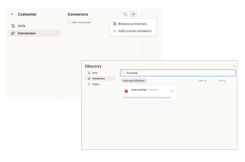 Screenshot of the Claude.ai Connectors search panel with