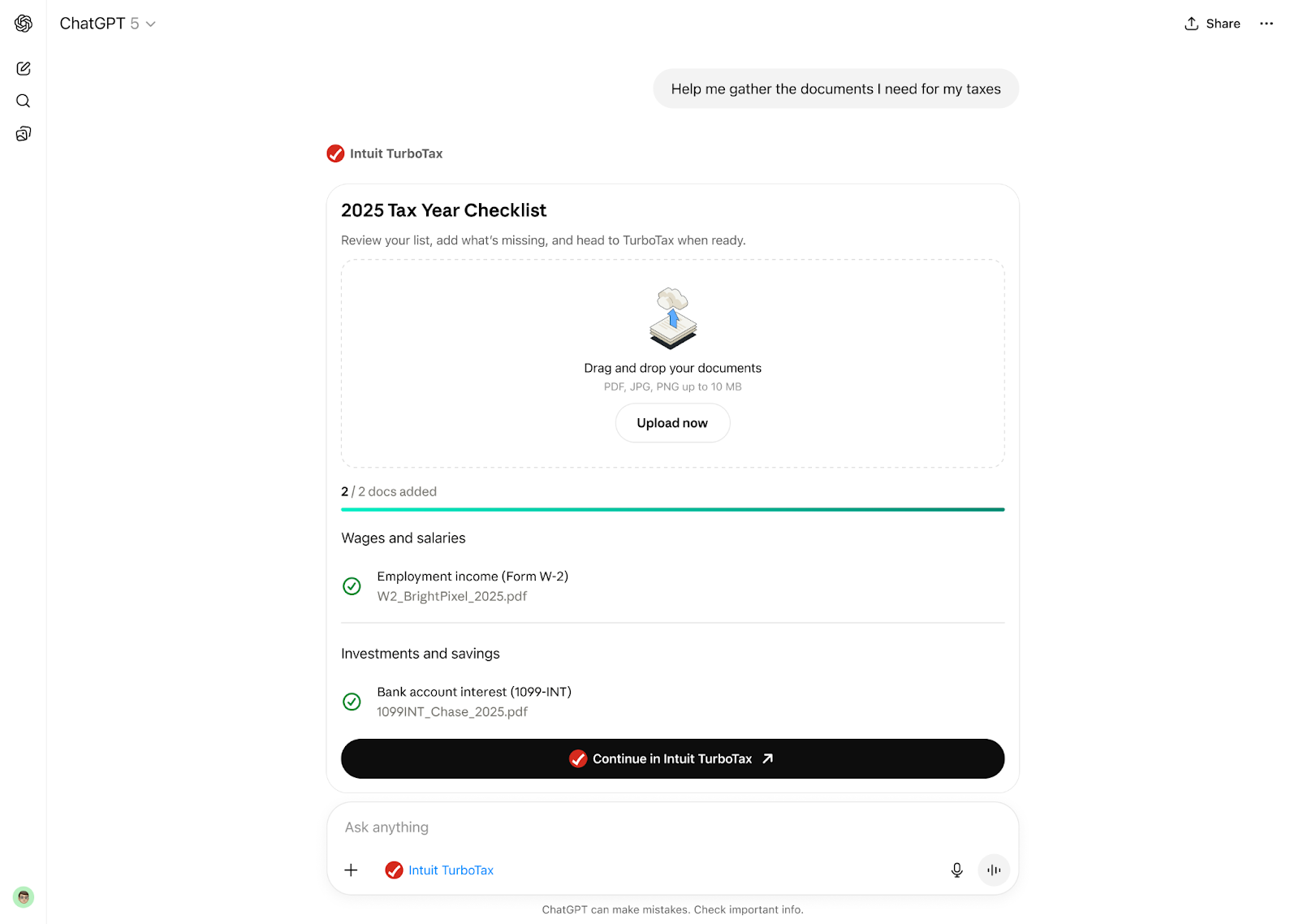 Screenshot of the TurboTax app in ChatGPT displaying a personalized tax document checklist based on the user's tax situation